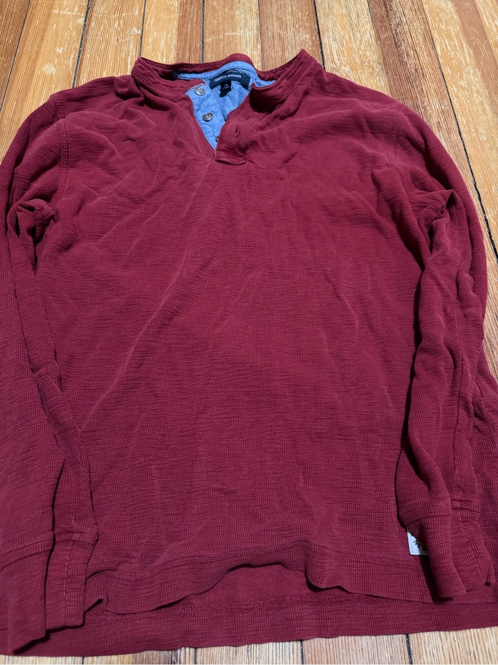Tommy Hilfiger Men's Long Sleeve Henley - Burgundy with Blue Trim